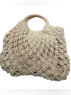 Handwoven Cream Macramé Tote with Round Wood Handles